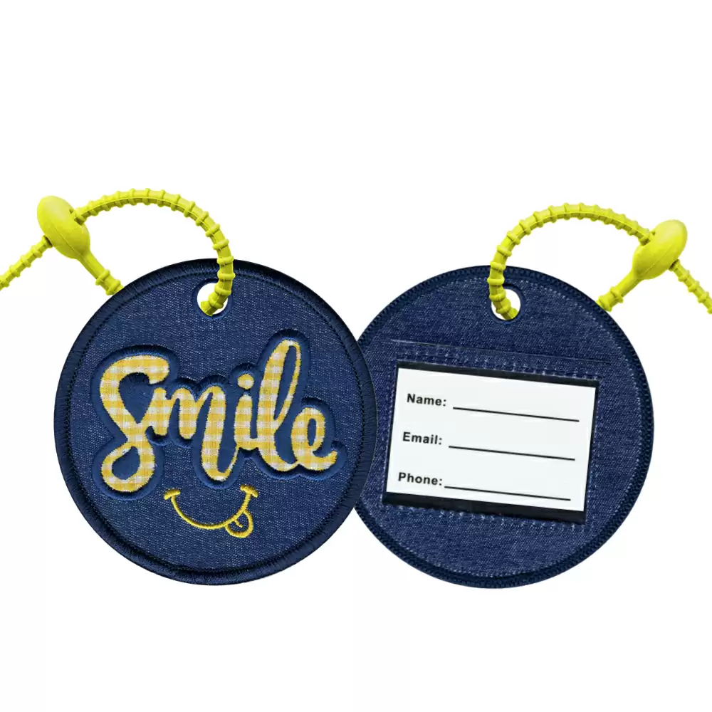 02360080 Soft Demin Fabric Name Tag Embroidery Applique Tag with silicone twist tie- Smile
