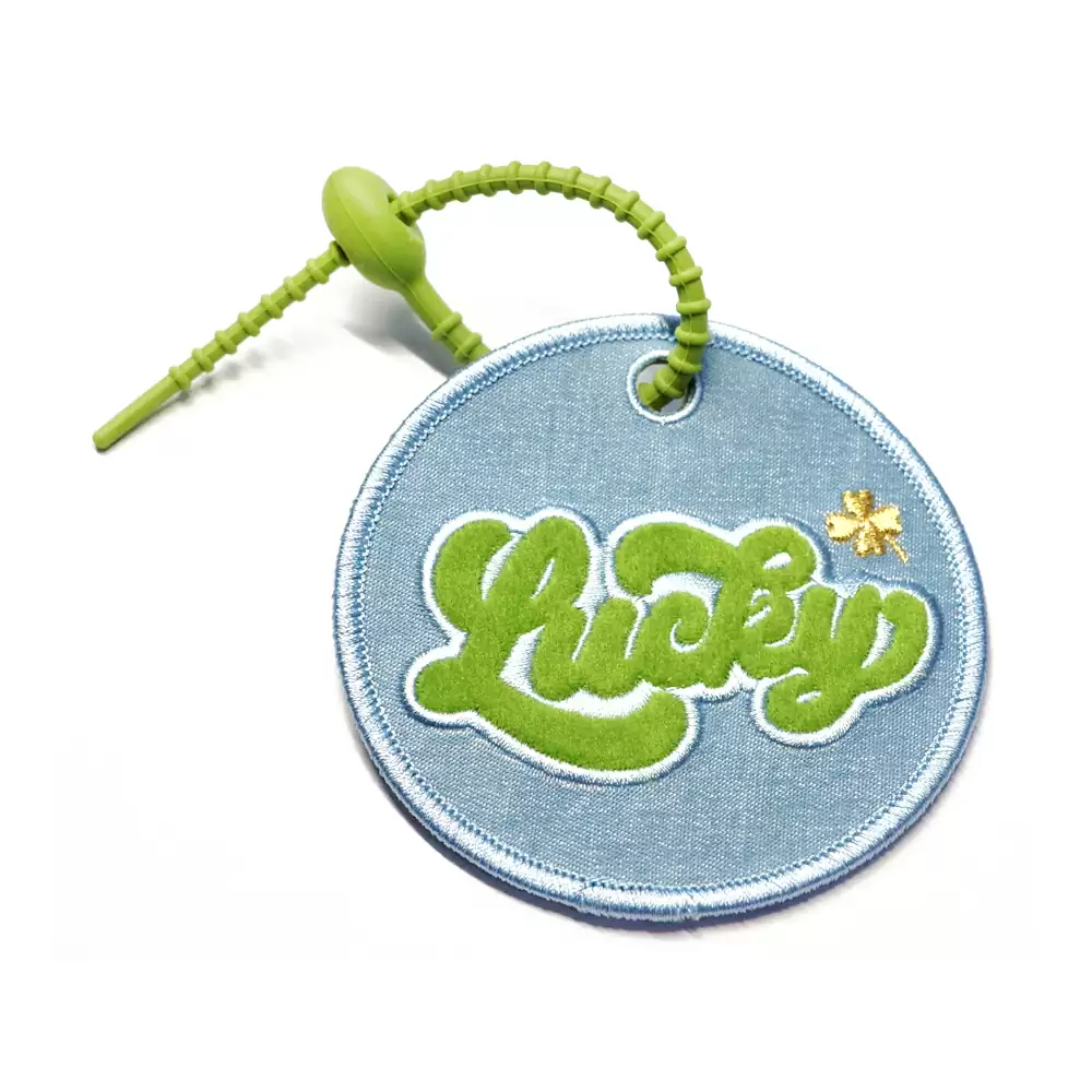 02360107ABC Soft Demin + Velour Embroidery Tag Name Tag w/silicone twist tie- Lucky