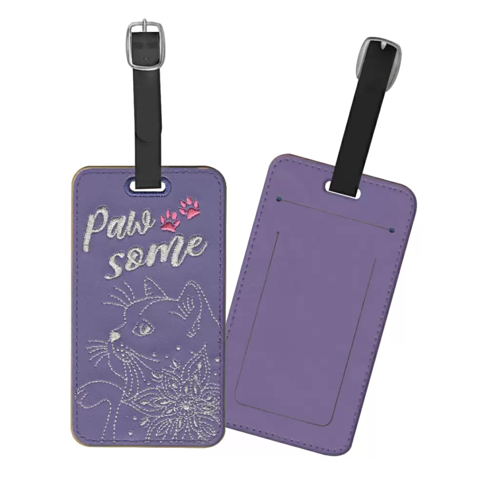 02470100AB PU Leather Embroidered Luggage Tag (Metallic Silver Thread)-PowSome