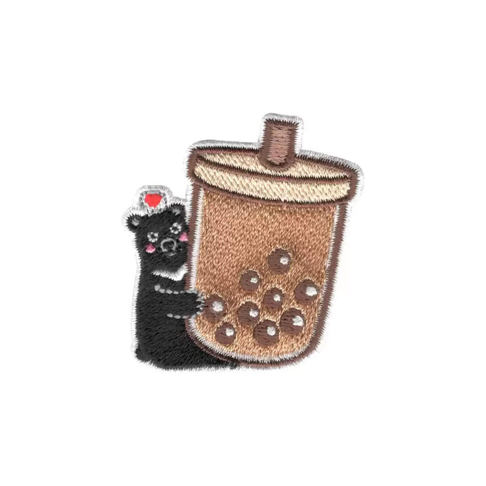 小尺寸刺繡章 - 臺灣黑熊愛心抱珍奶