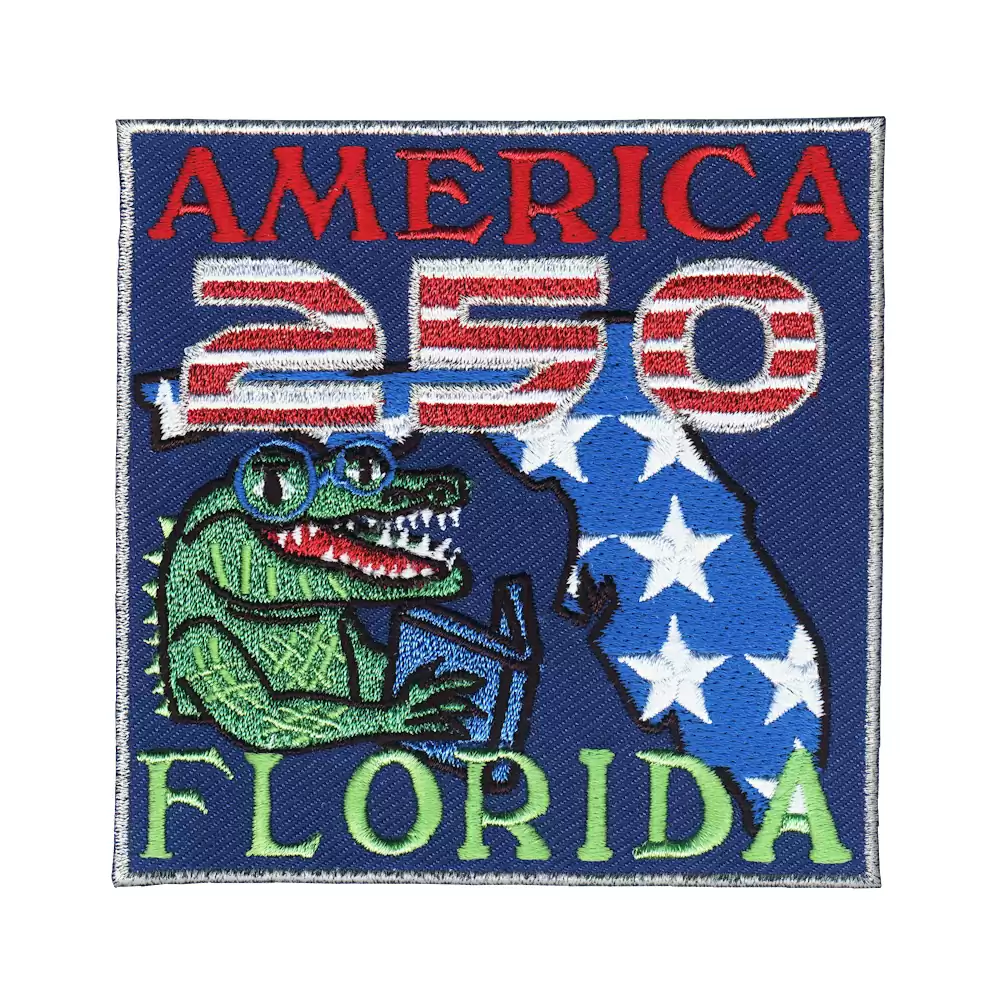 02570338 Iron On Metallic Silver Embroidered Patch - America 250 FLORIDA