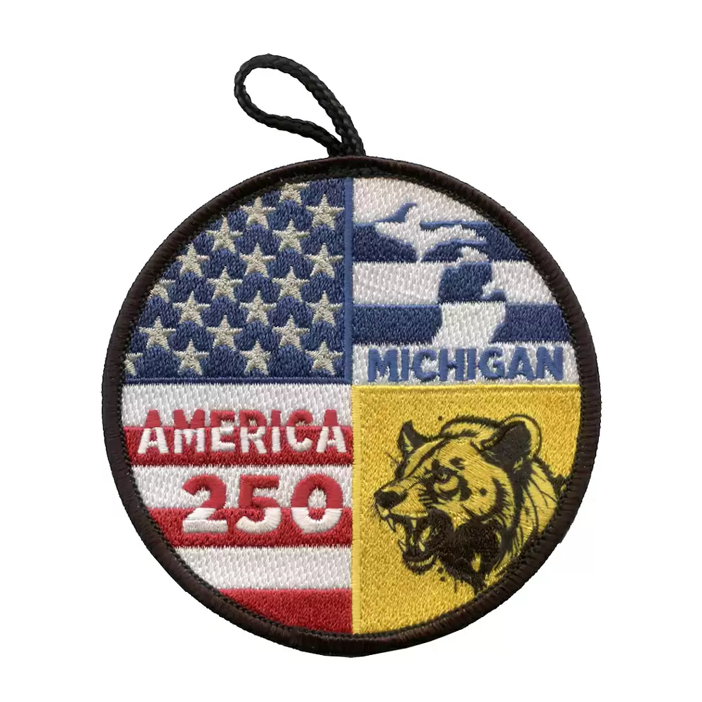 0257011 Embroidery Sublimation Button Loop Patch- America 250 Michigan