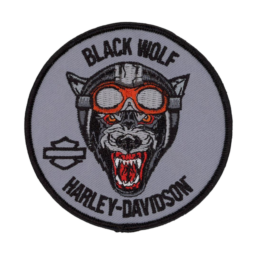 Custom Round Shaped Embroidered Biker Patch - Black Wolf Harley Davidson